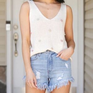 BLU PEPPER Womens Sweater Knit Tank Top Ivory Pom Pom Pullover Sz Large